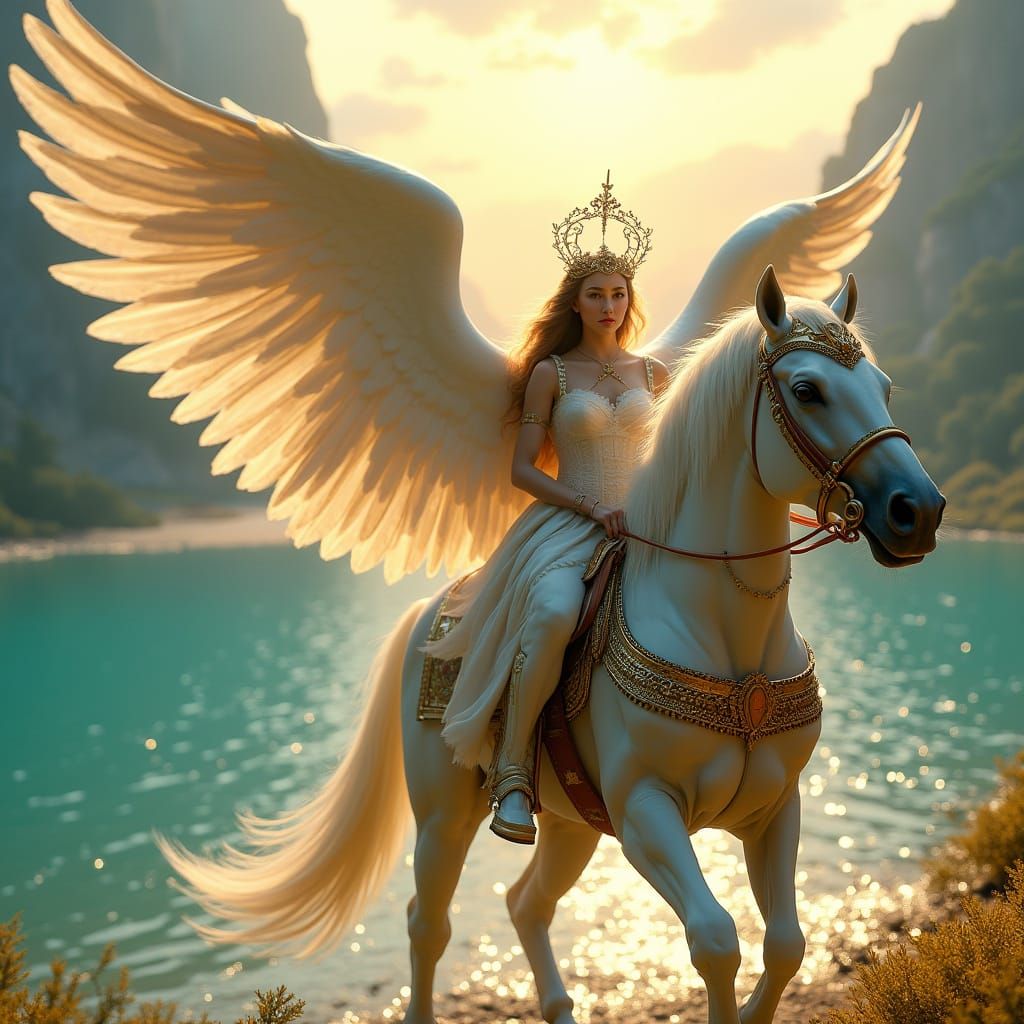 Angel in Regal Splendor Leads to Serene Lake