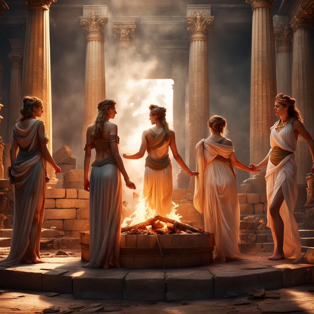 Six Olympian Goddesses Around Temple Fire