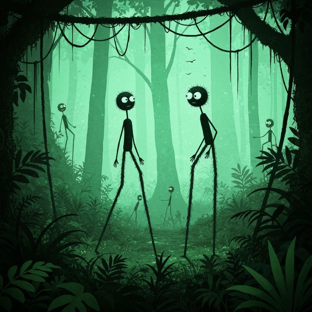 Surreal Stick Figure Totoros in a Haunting Jungle