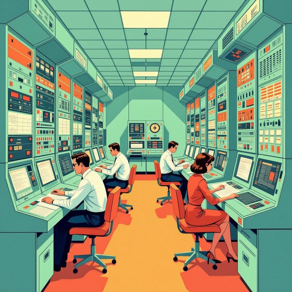 1960s Computer Control Room in Vector Art Style