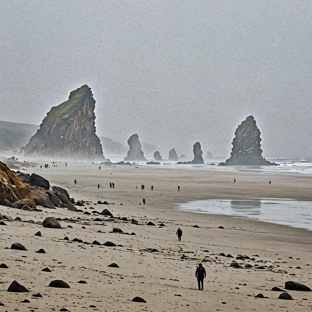 Misty Beach with Rocky Shore and Distant Figures
