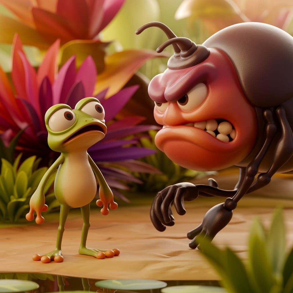 Frog's Astonishment: Giant Bug Encounter in Cartoon Style