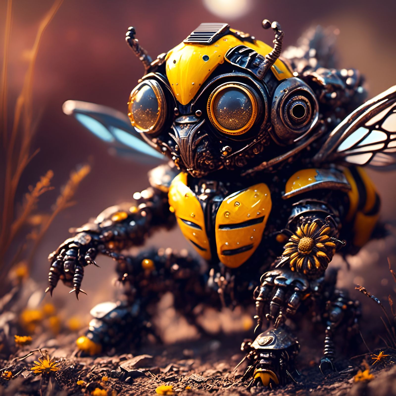 Smiling Solarpunk Bumblebee in Dystopian Landscape