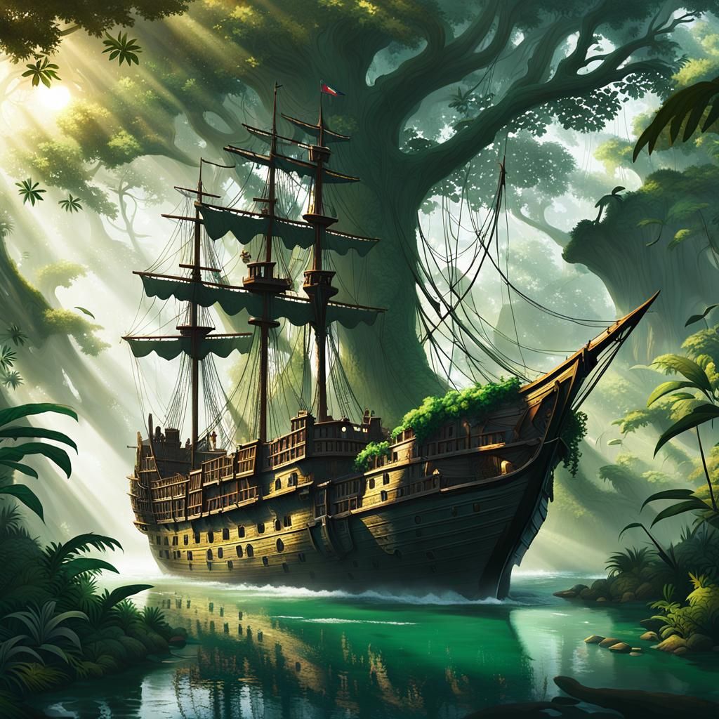 Pirate Ship Sailing Jungle River Concept Art