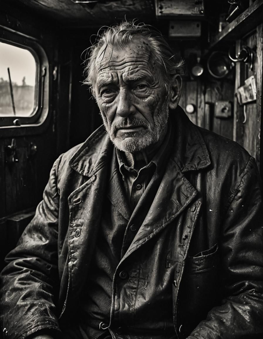 Film Noir Portrait of Old Fisherman in Black and White