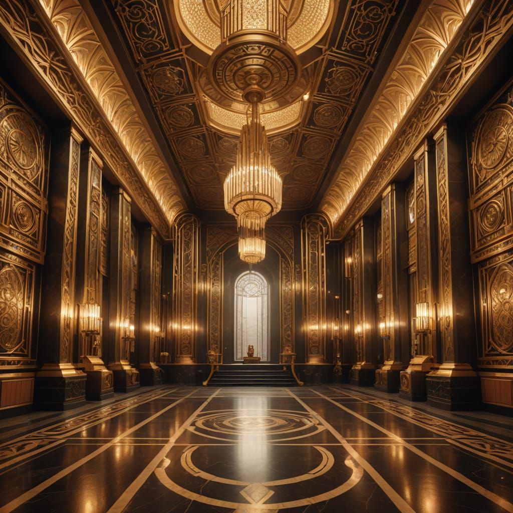 Art Deco Dwarven Hall in Golden Light