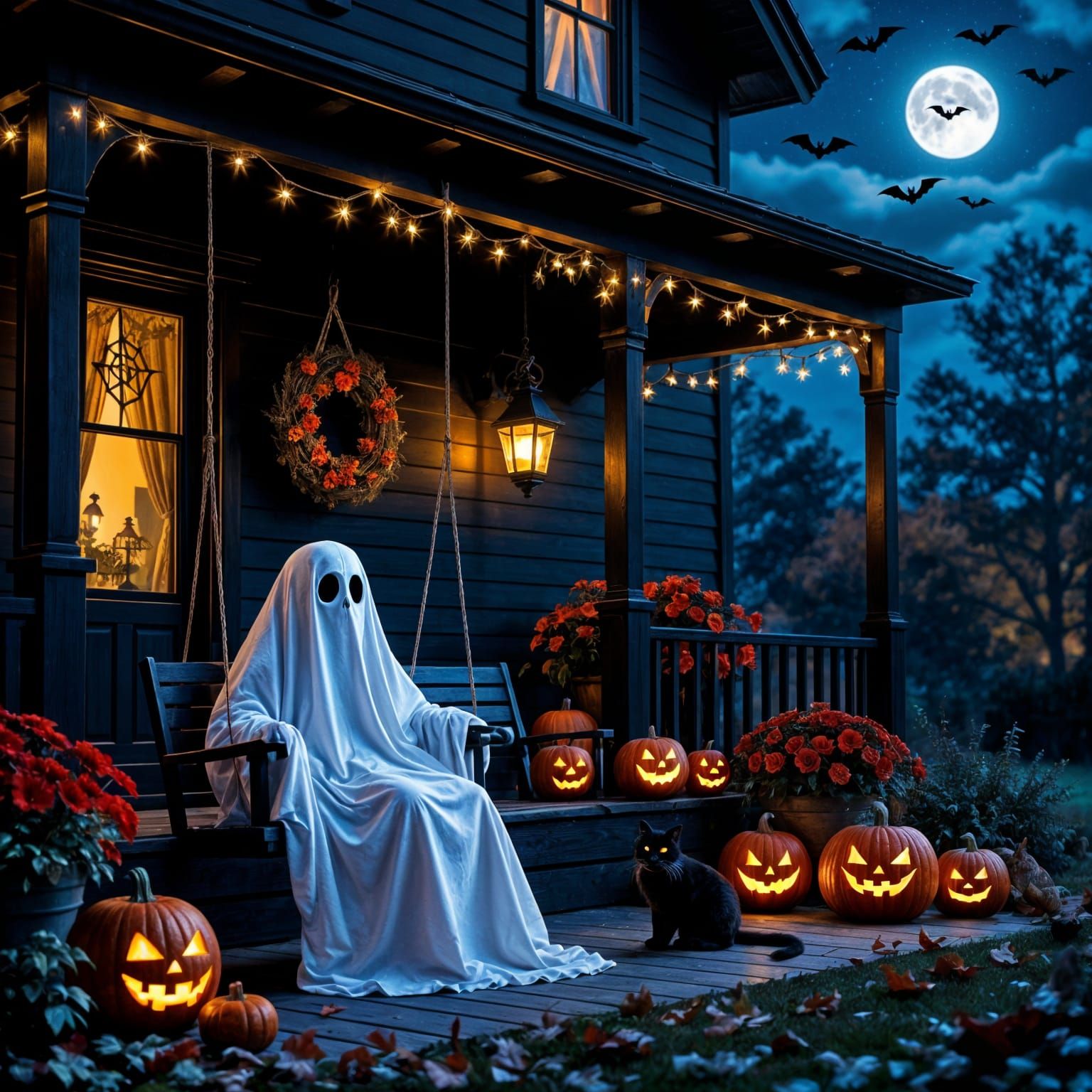 Charming Halloween Night Porch Scene with Ghost and Cat