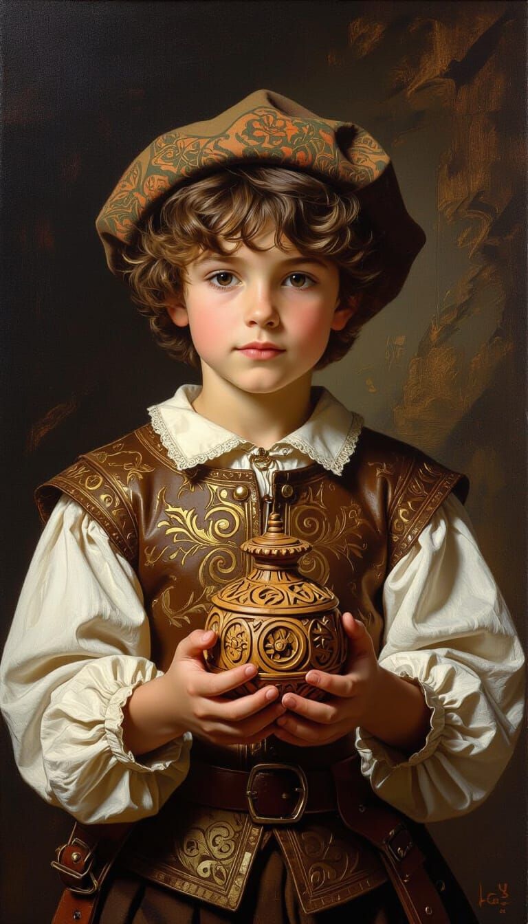 Renaissance Boy with Carved Toy in Medieval Setting
