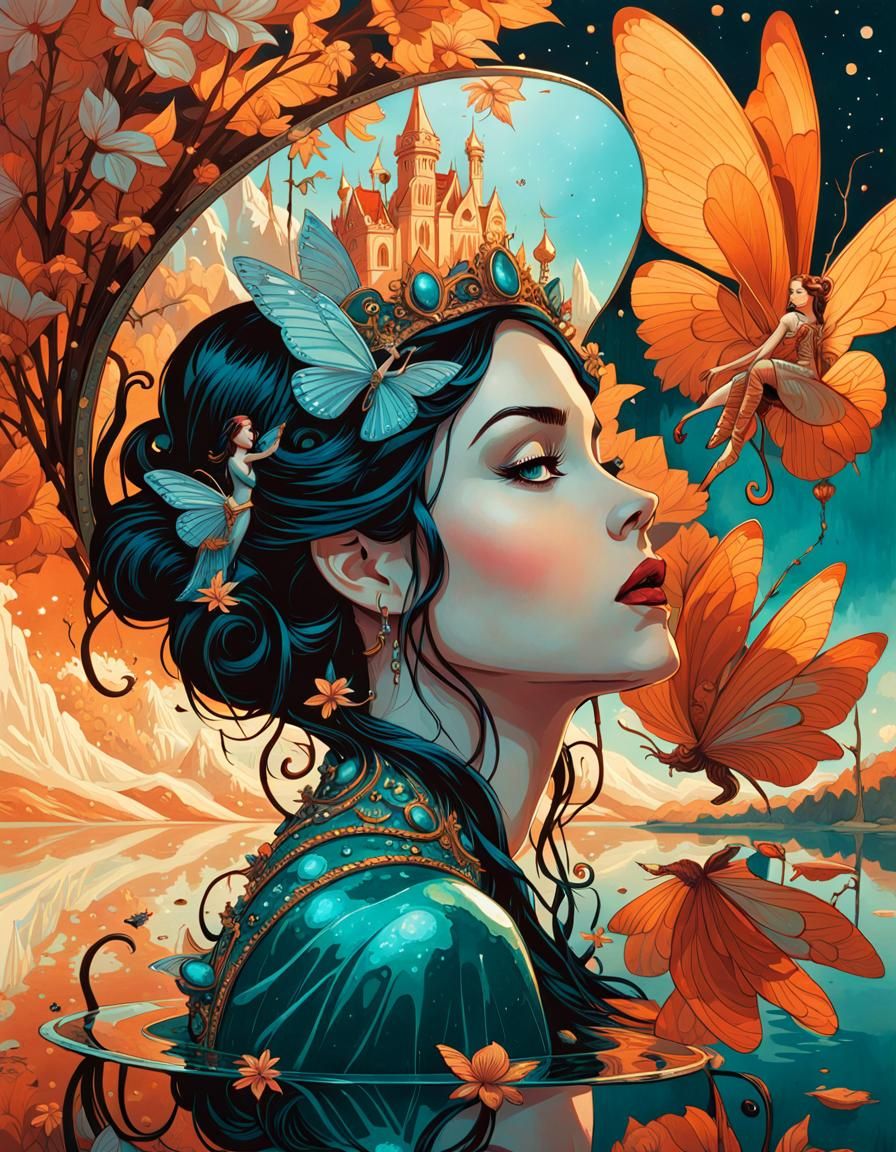 Fairy Princess and Mirrored Reflection: Hyperrealistic Digit...