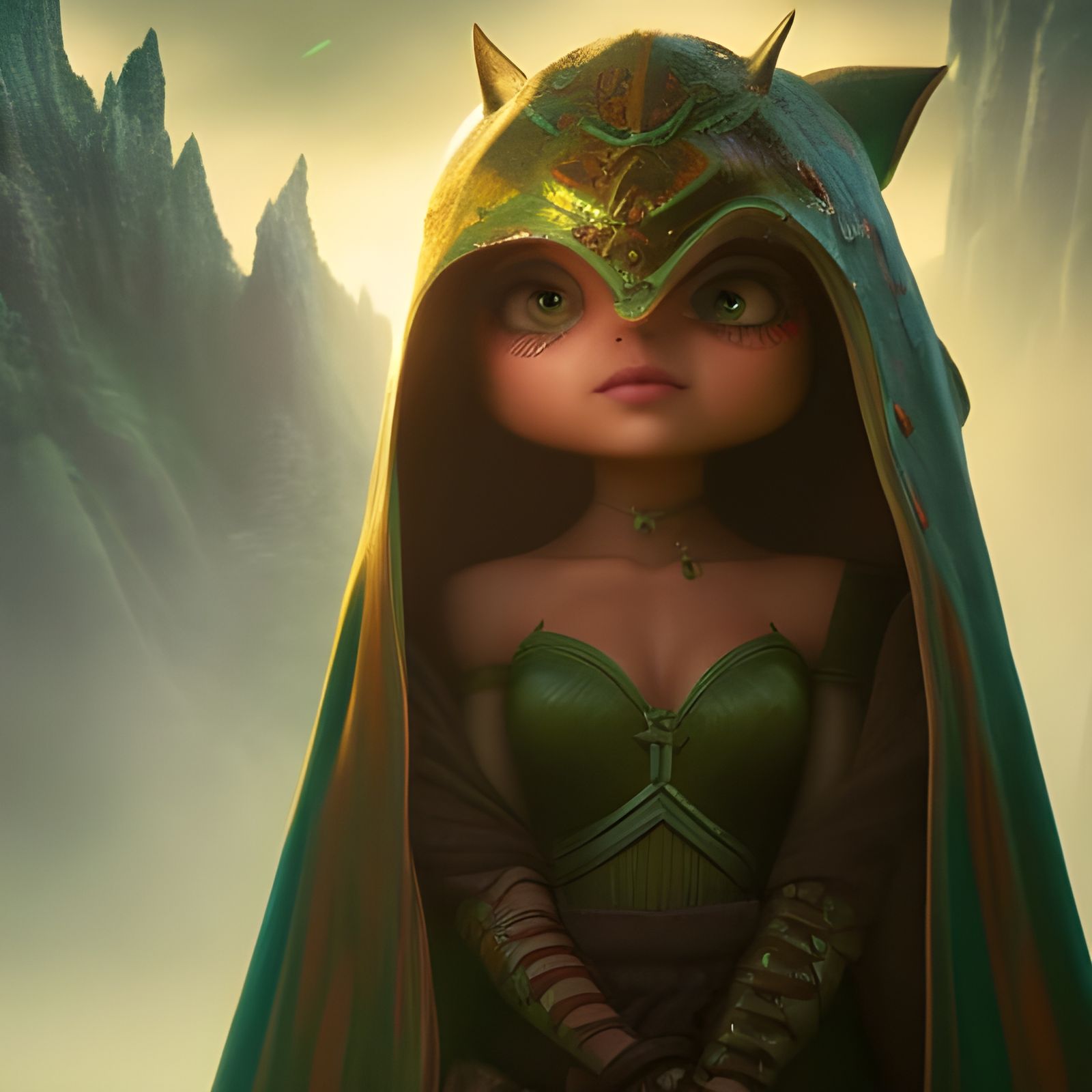 Cute Goblin Girl Exploring Cave in Disney Style