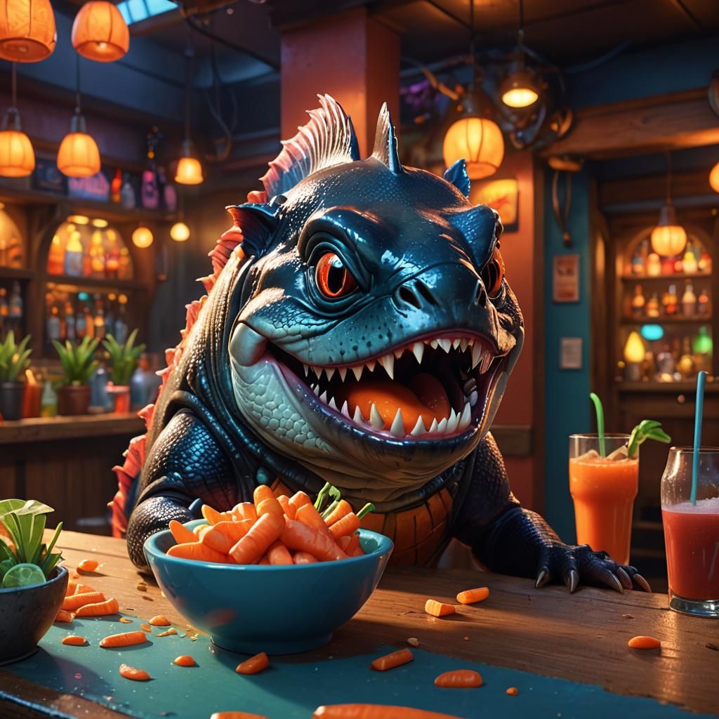 Vegan Piranha Enjoying Carrot, Pixar-style 3D Render