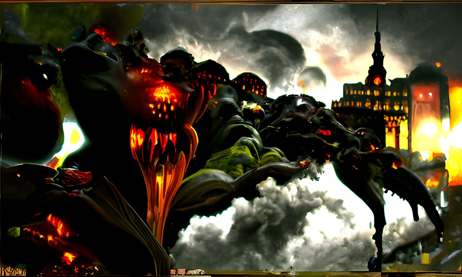 Monstrous Invasion of Burning City: Gothic Horror Art
