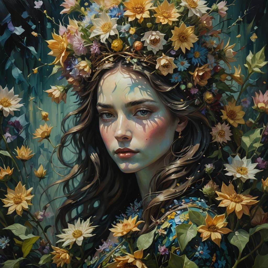 Blooming Flower Goddess in Surrealist Oil Painting