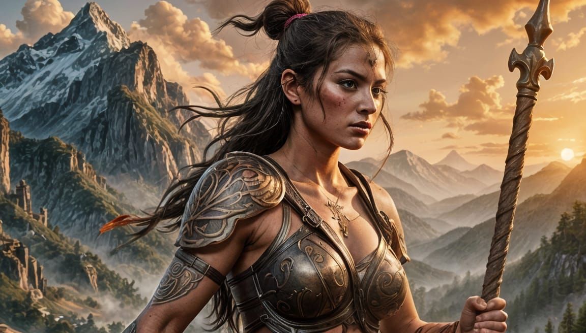 Tattooed Female Warrior Training with Staff