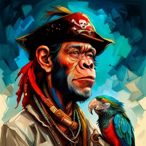 Chimpanzee Pirate Captain in Retrofuturism Style