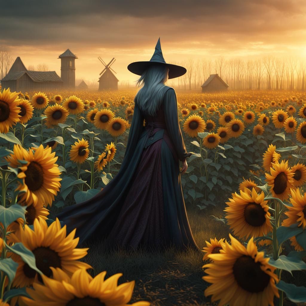 Sunflower Field Witch: Detailed Matte Painting