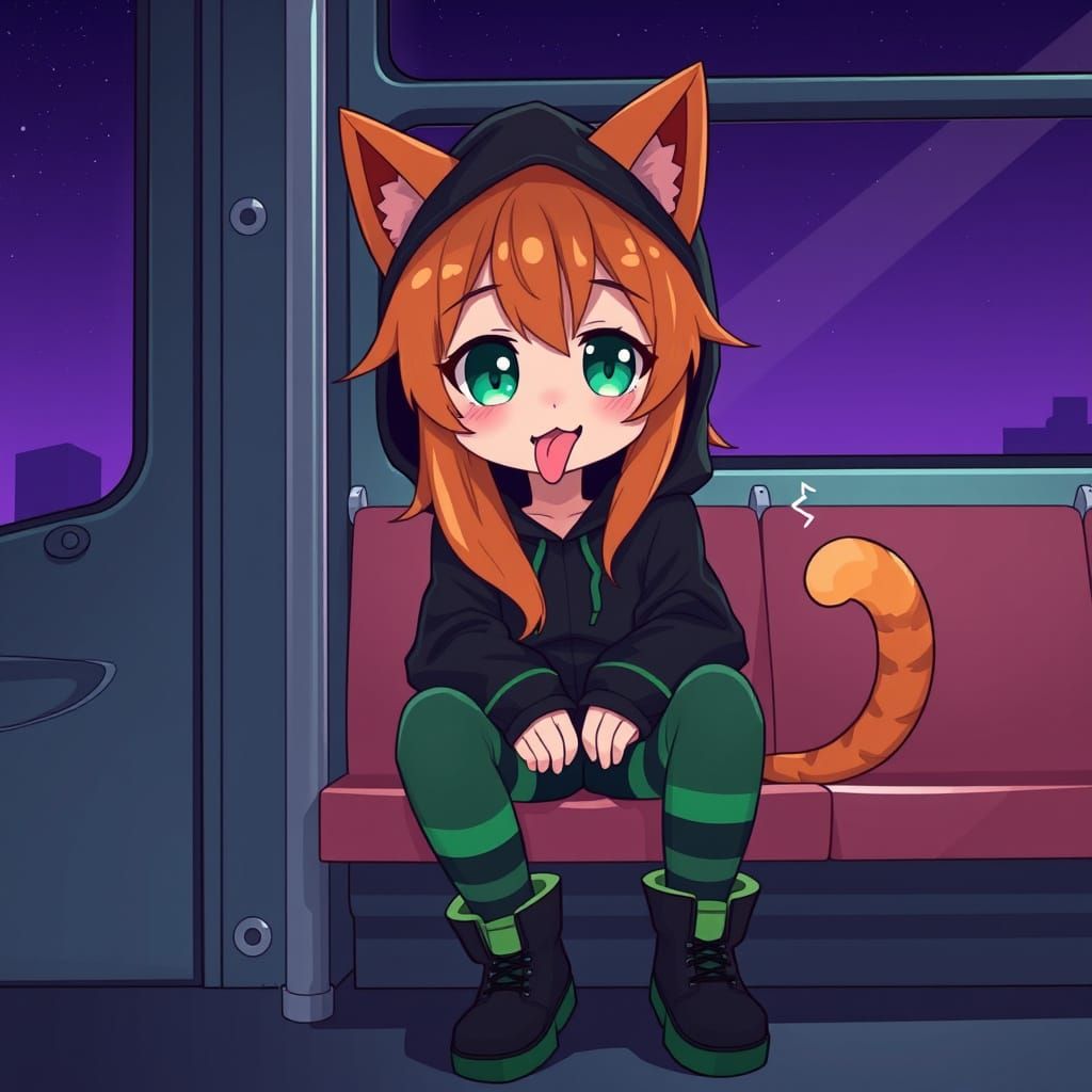 Cute Anime Catgirl Glows in Synthwave Bus Scene