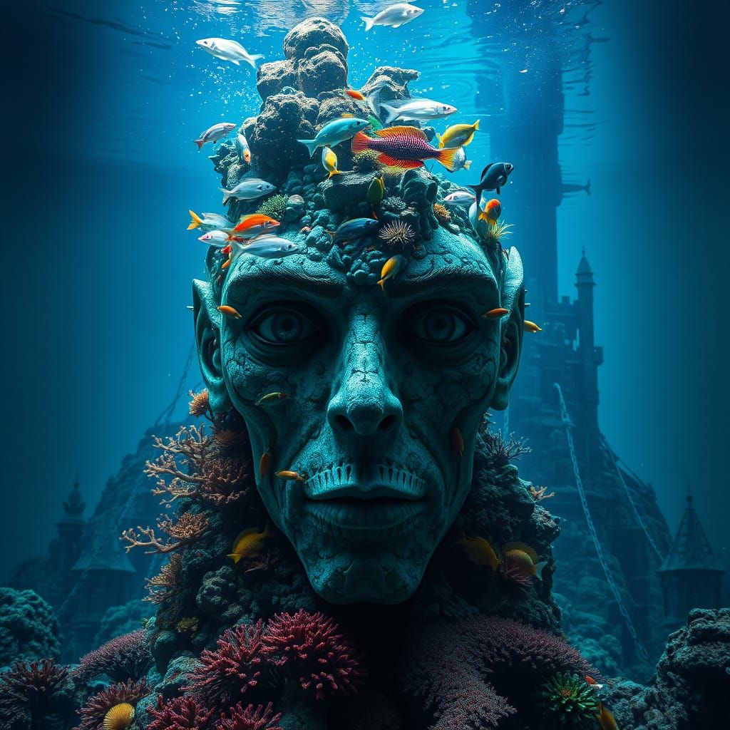 Ocean Face Statue in Giger Beksiński Style