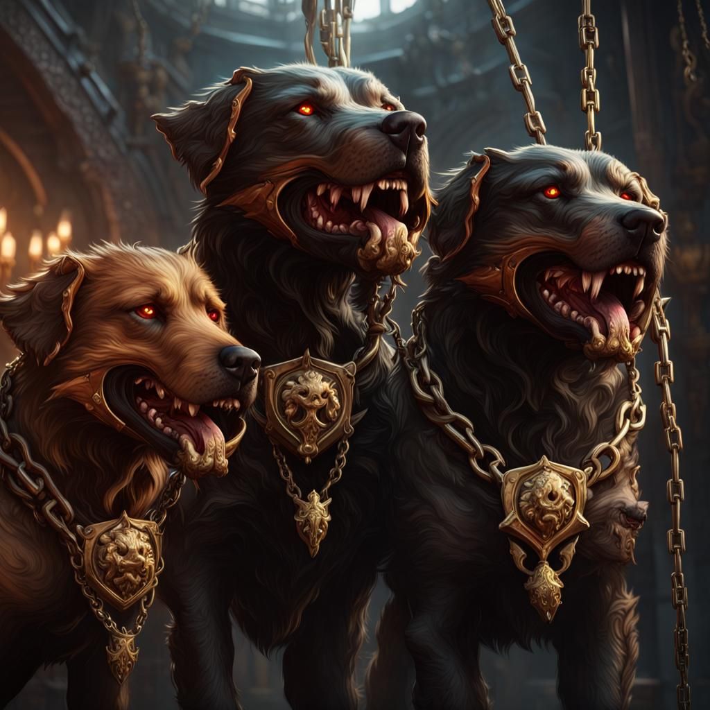 Cerberus dog three headed on chain.