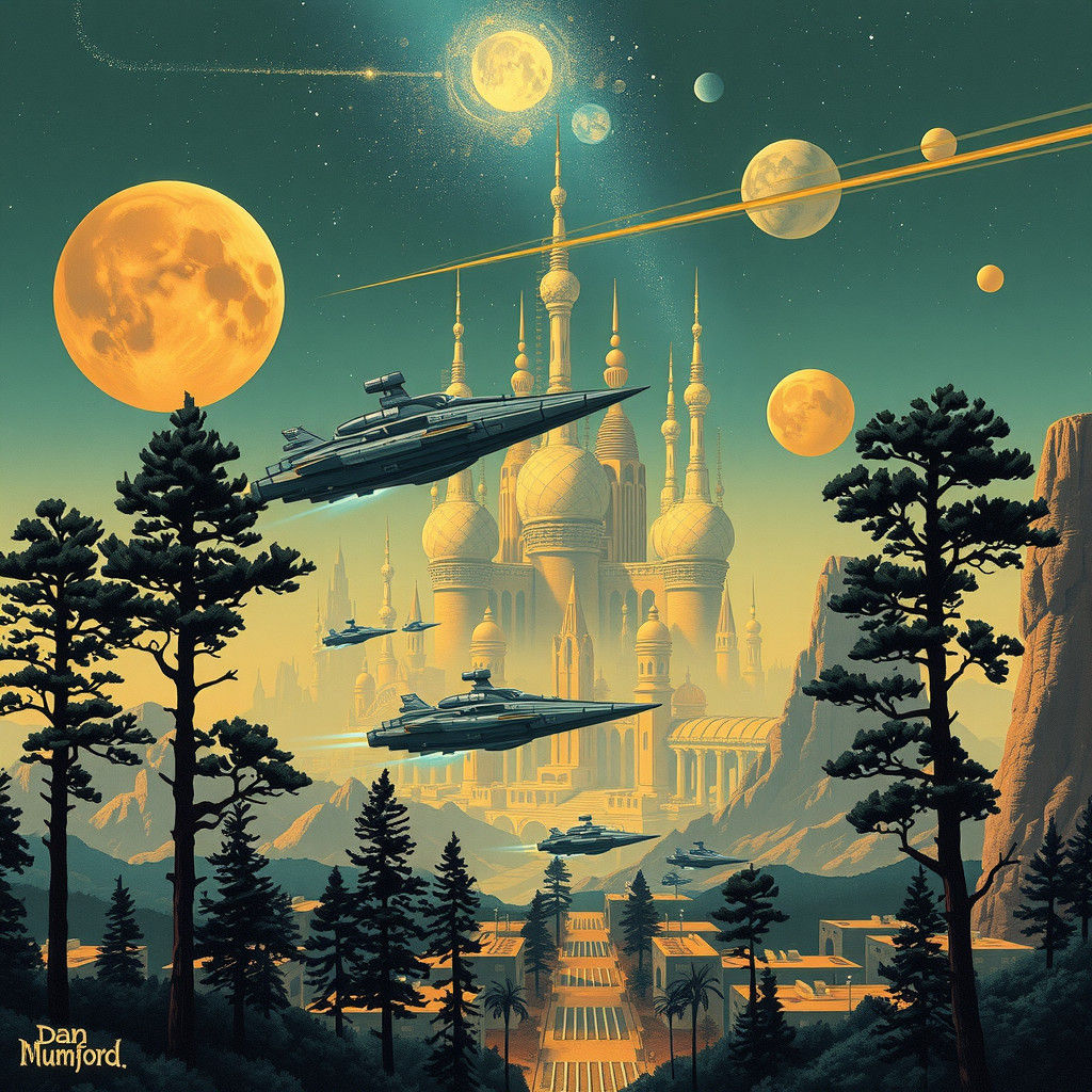 Retro Sci-Fi Cityscape with Spaceships