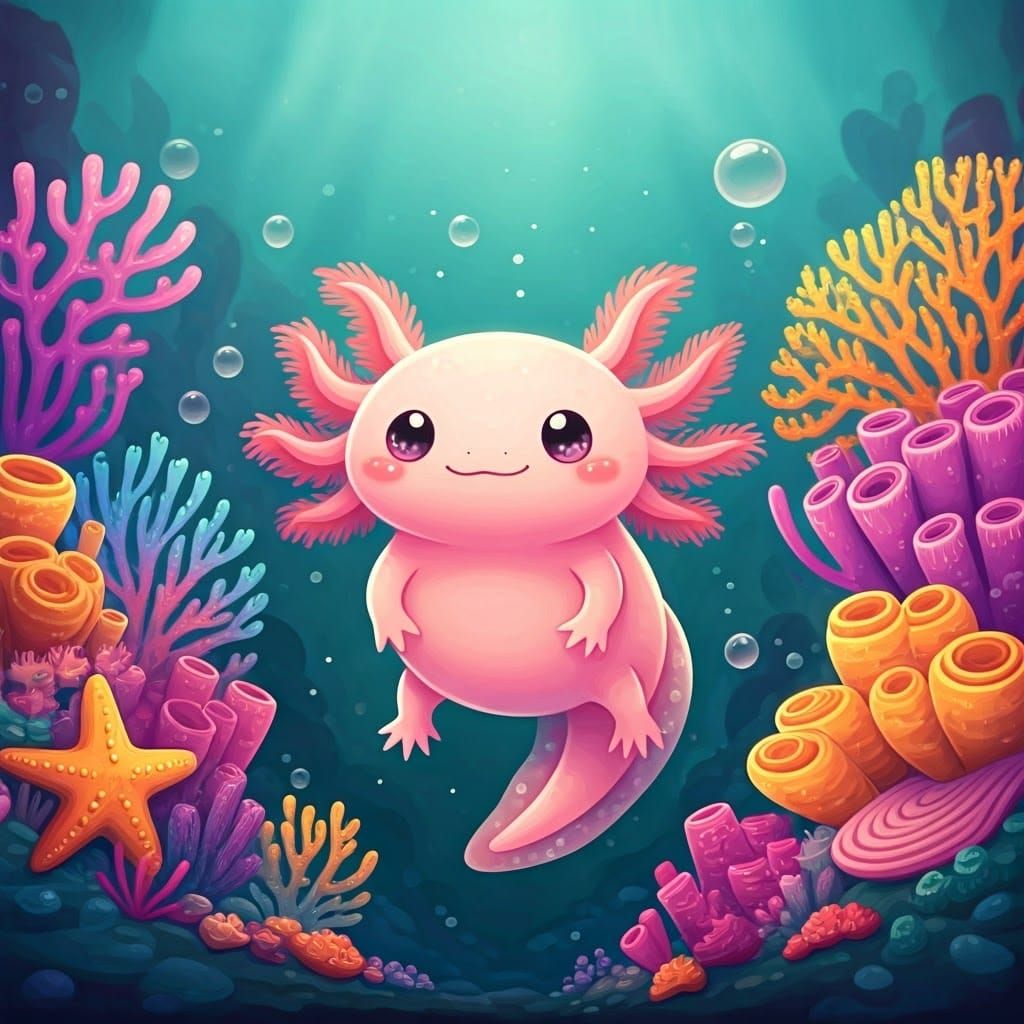 Whimsical Cartoon Axolotl in Vibrant Coral Reef Scene