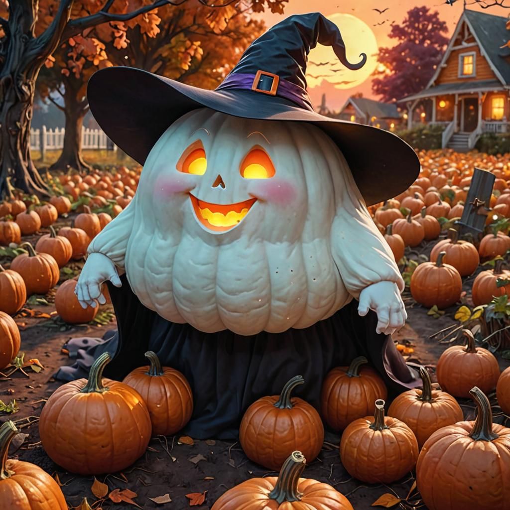 Adorable Ghost with Witch Hat in Autumnal Colors