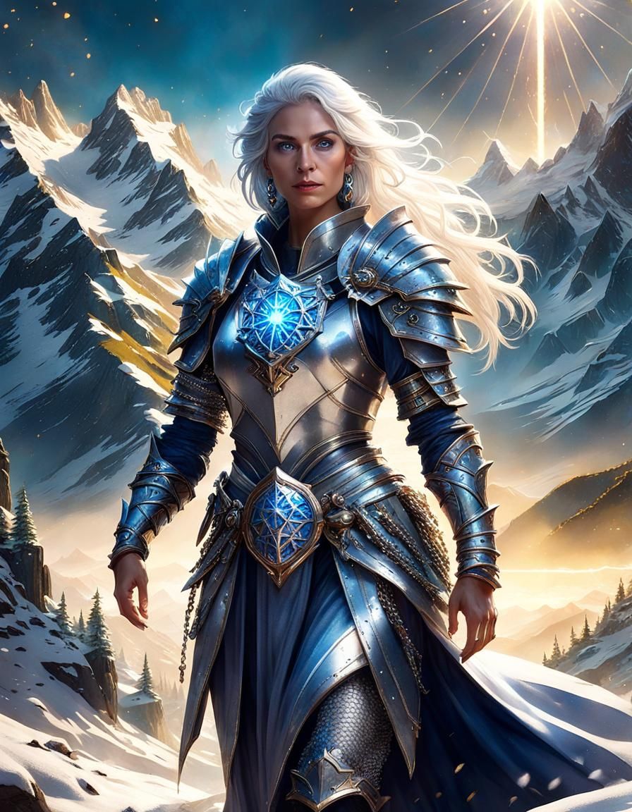 Fantasy Paladin with Glowing Eyes in a Snowy Landscape
