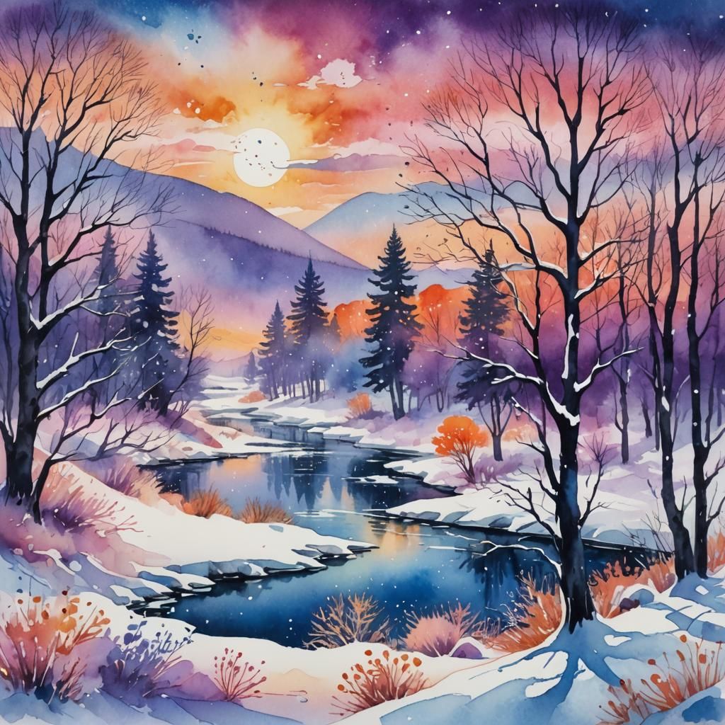 Winter Landscape with Watercolor Ink Splatters