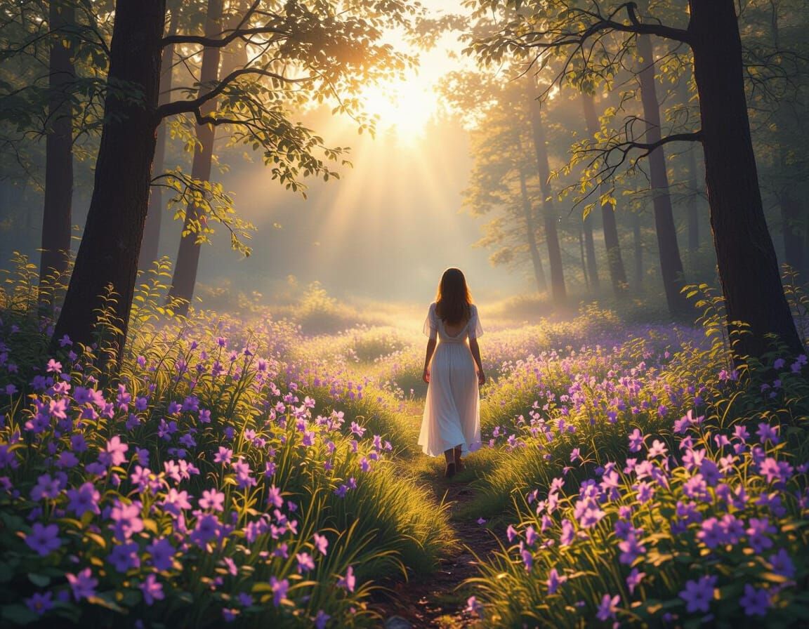 Woman in Violet Flower Field at Dawn