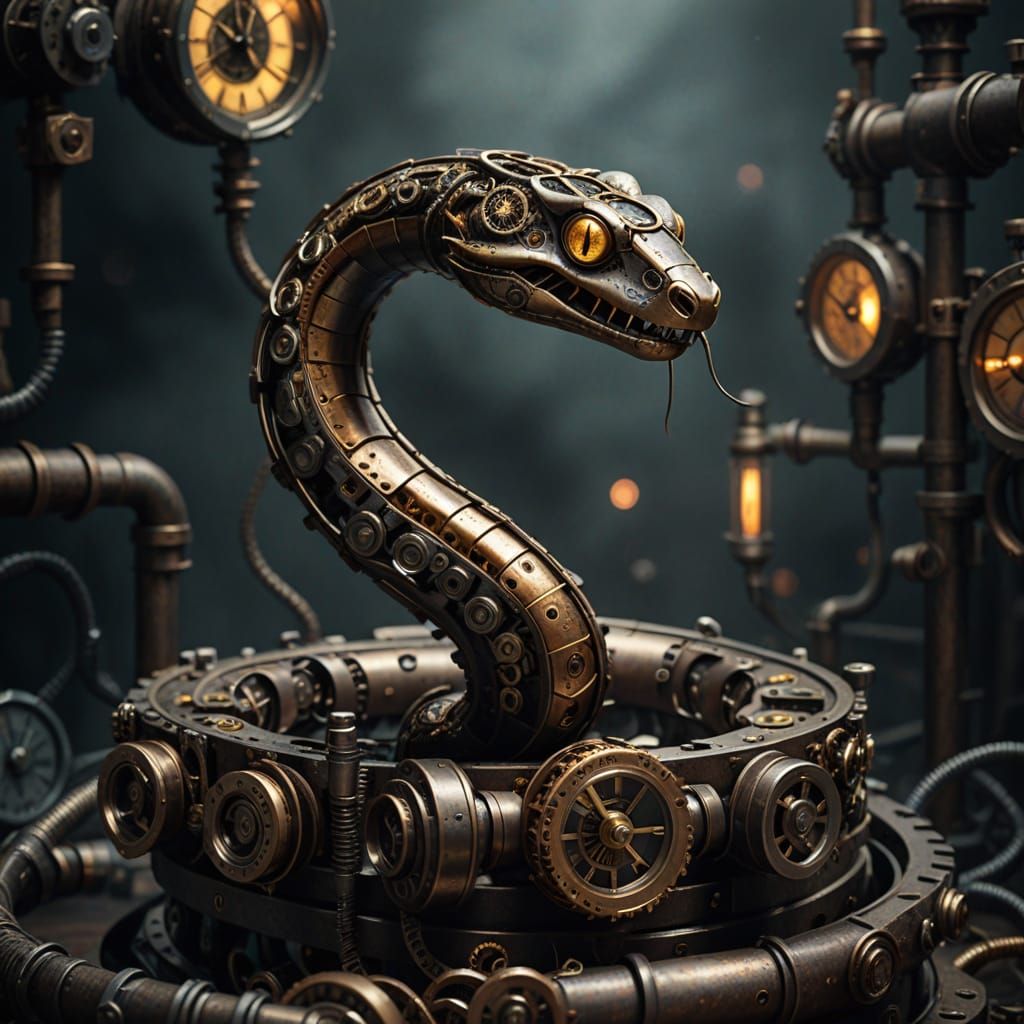 Steampunk Snake Concept Art in Industrial Setting