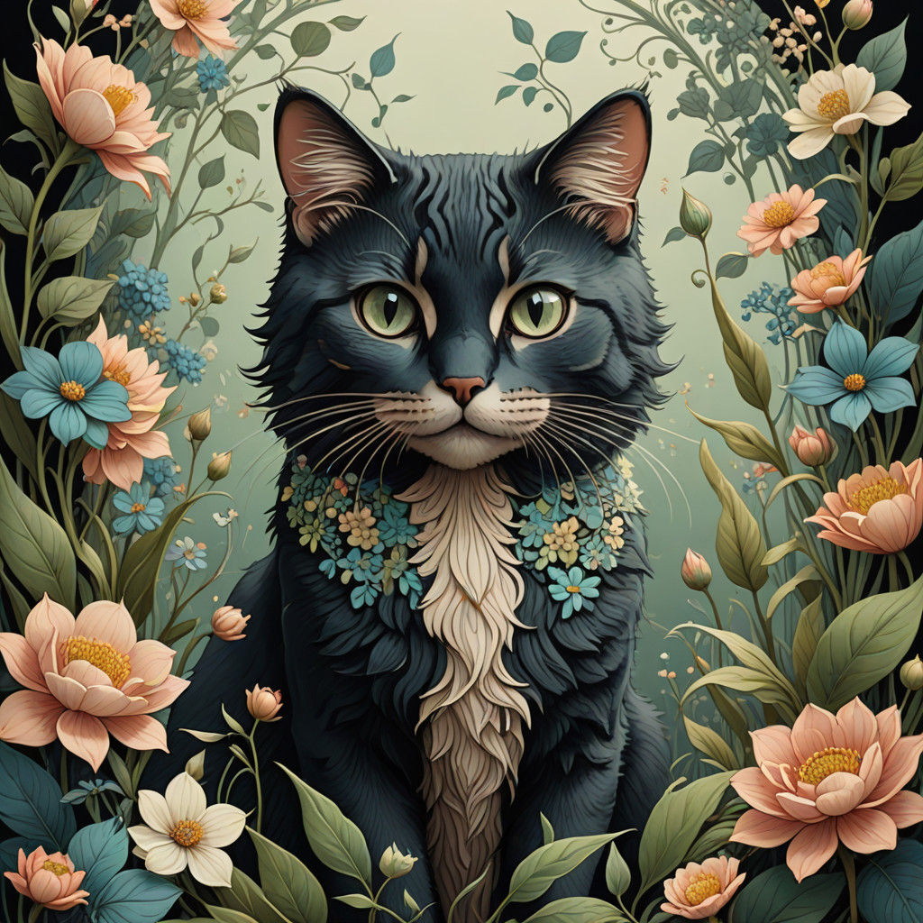 Whimsical Floral Mandala Cat Portrait in Art Nouveau Style