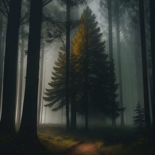 Golden Tree in Misty Forest: Cinematic Film Still