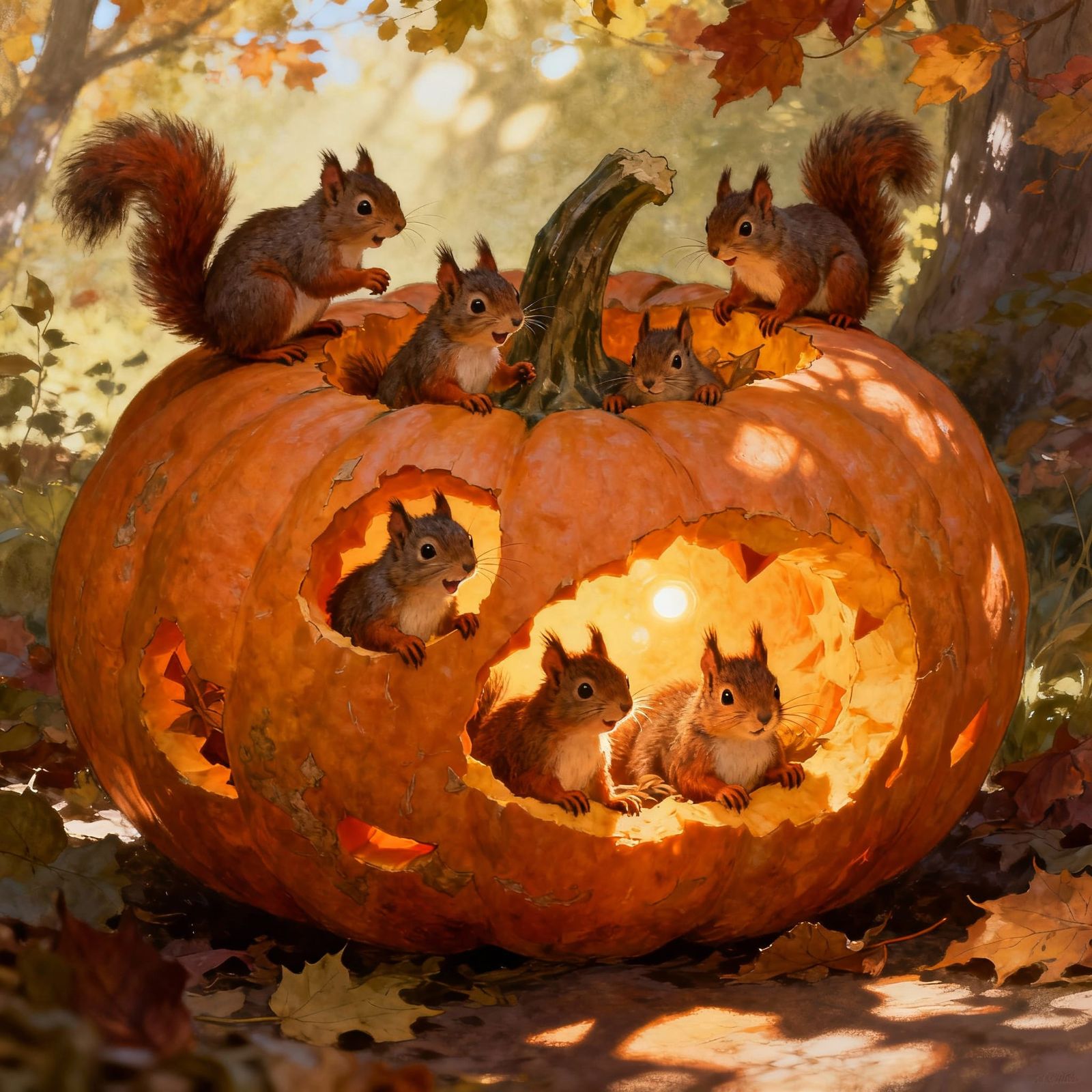 Autumn Pumpkin Overflowing With Squirrels in Storybook Style