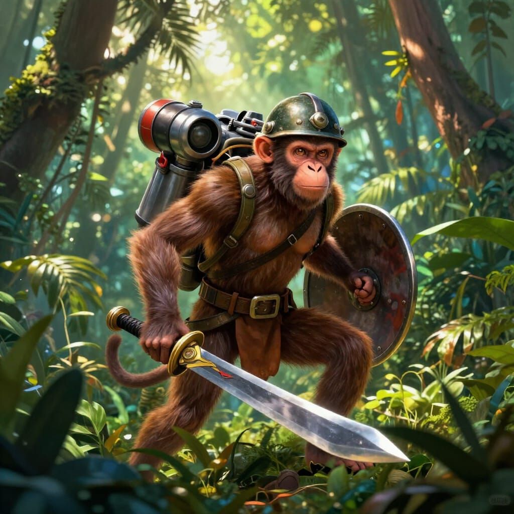 Monkey Warrior with Jetpack and Sword in Vibrant Jungle