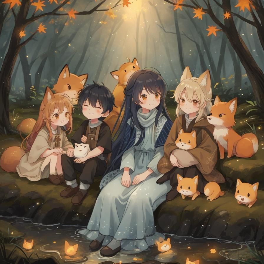 Charming Fox Family Cuddle Under Enchanted Sky
