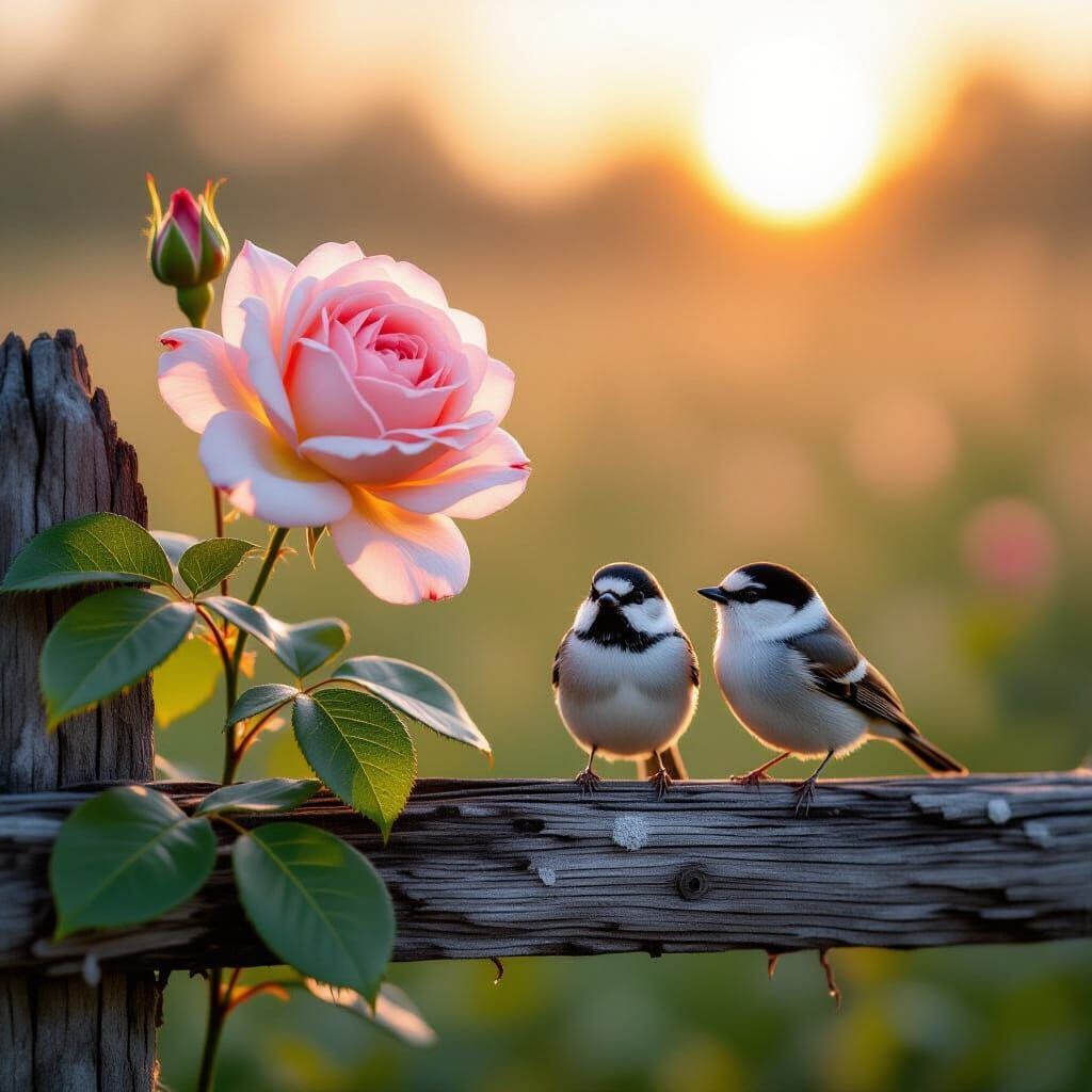 Pink Rose with Songbirds in Hyperrealistic Style