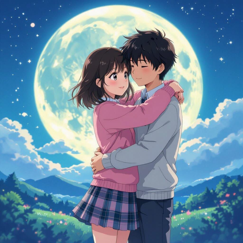 Anime Girl and Boy Embrace on Vibrant Moon