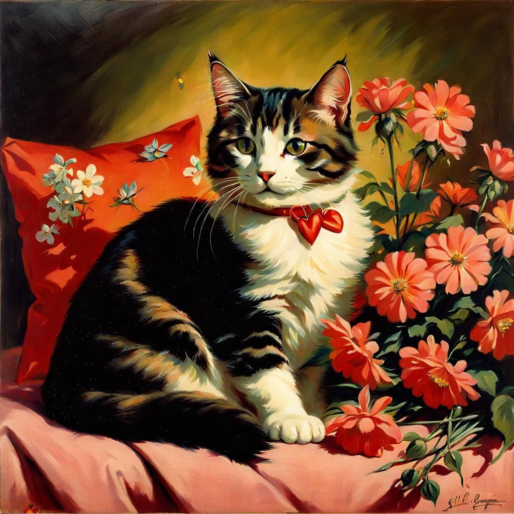 Cat on Pillow in Pin-Up Style Illustration