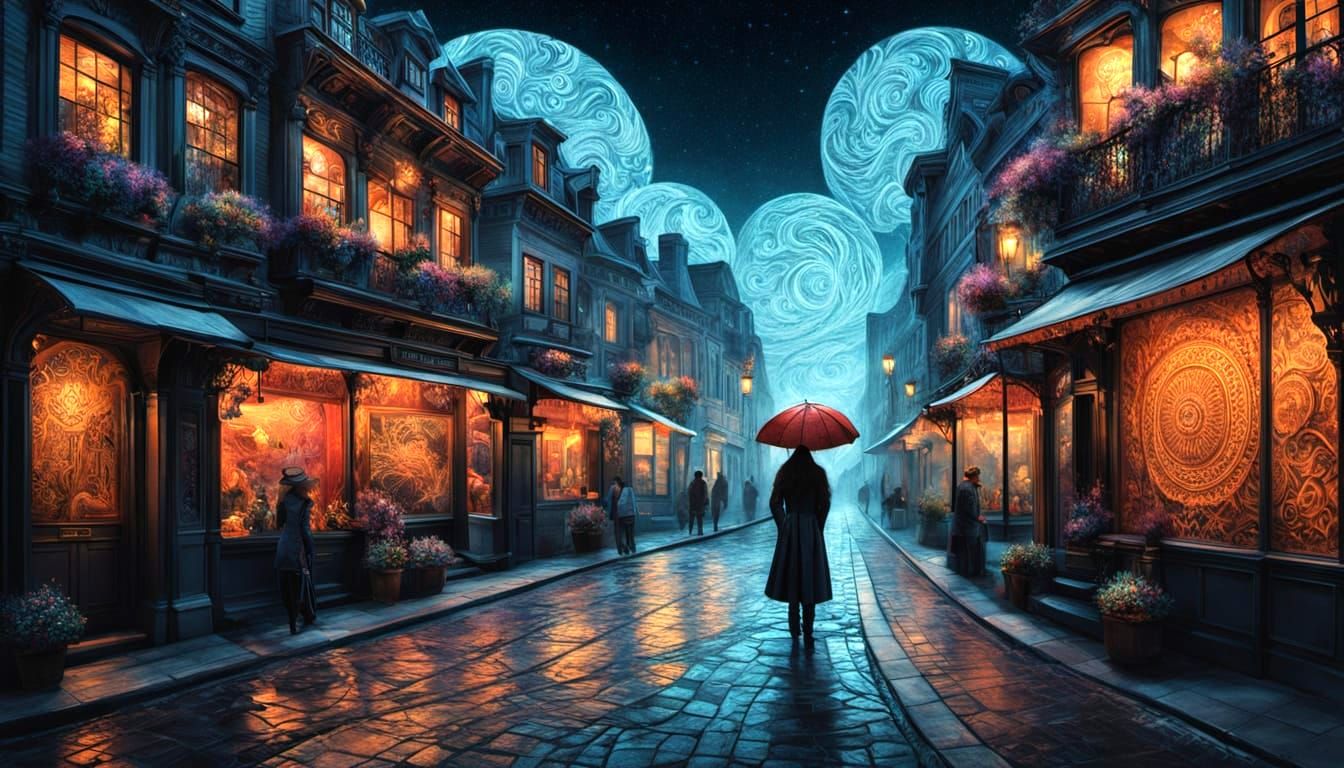 Embroidered City Street Scene in Art Nouveau Style