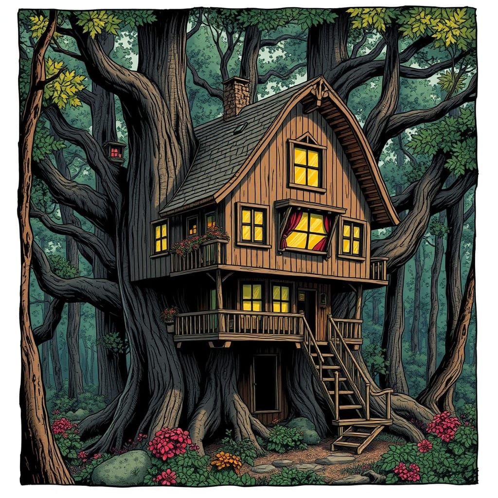 Intricate Treehouse in Woods, Comic Book Style