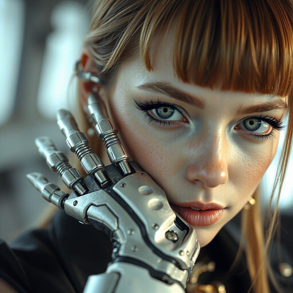 Cyberpunk Woman with Prosthetic Hand Digital Art