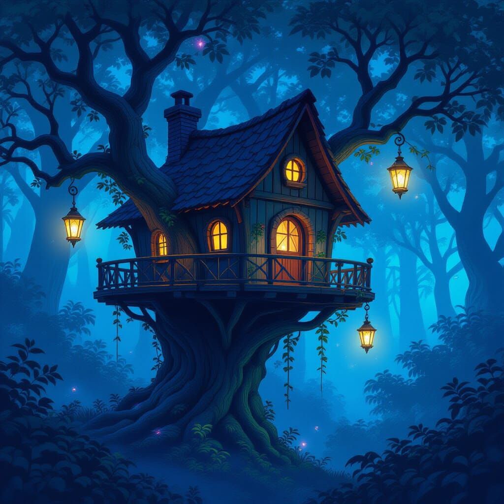 Enchanted Bioluminescent Forest Treehouse in Dreamy Landscap...