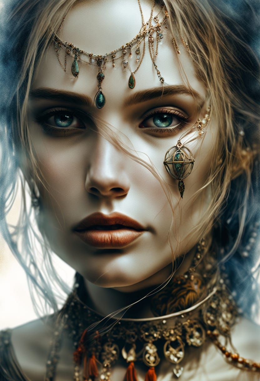 Dramatic Portrait of Young Woman in Colored Pencil Style