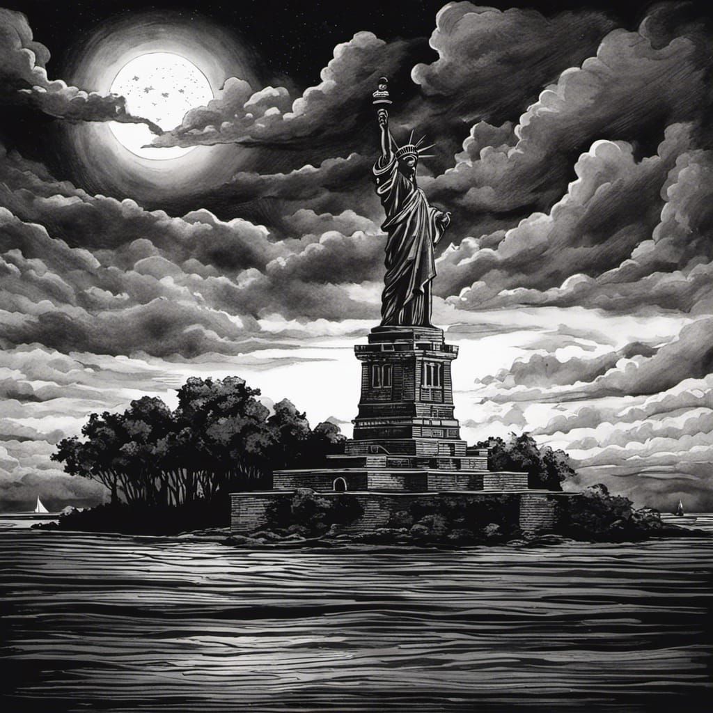 Statue of Liberty Ink Drawing: Moonlit Storm