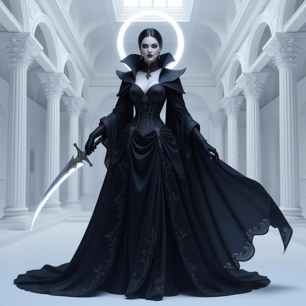 Shadow Priestess in Victorian Gown Holding Glowing Blade