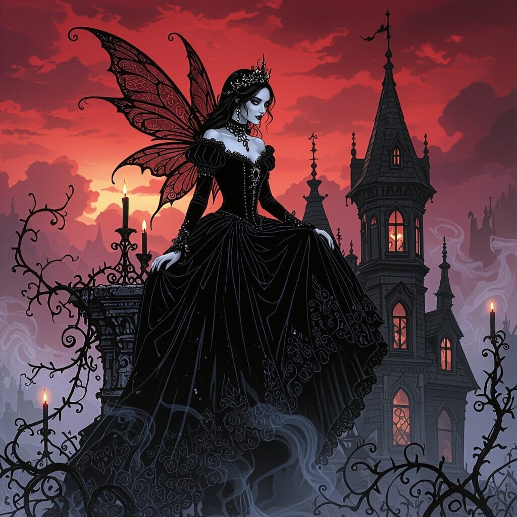 Gothic Fairy Perched Atop Decaying Victorian Mansion