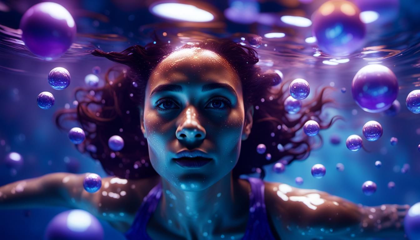 Woman Underwater with Glowing Orbs in 3D