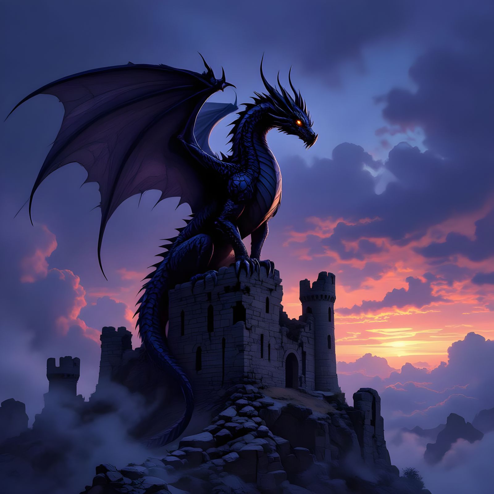 Majestic Obsidian Dragon Perched on Ancient Castle Ruins