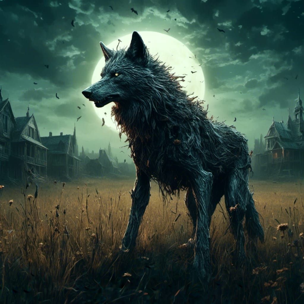 Eerie Wolf-Creature in Moonlight Field
