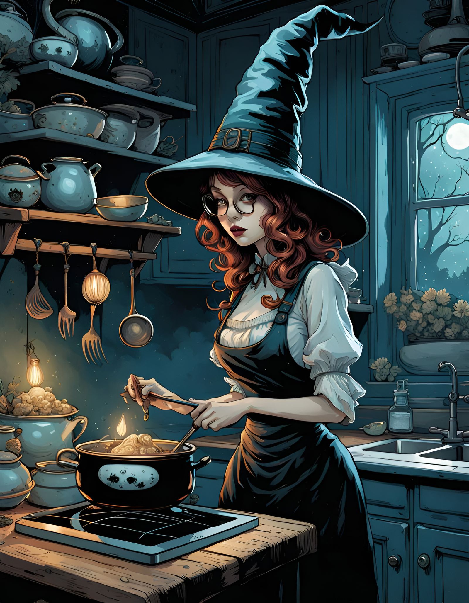 Cute Witch in Spooky Kitchen, Gothic Art